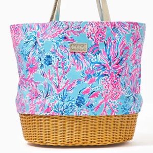 Lilly Pulitzer Canvas and Wicker Tote Celestial Blue and Seek Pattern